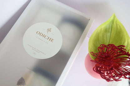 Luxury candle packaging with a white label on an elegant gift box, featuring eco-friendly design.