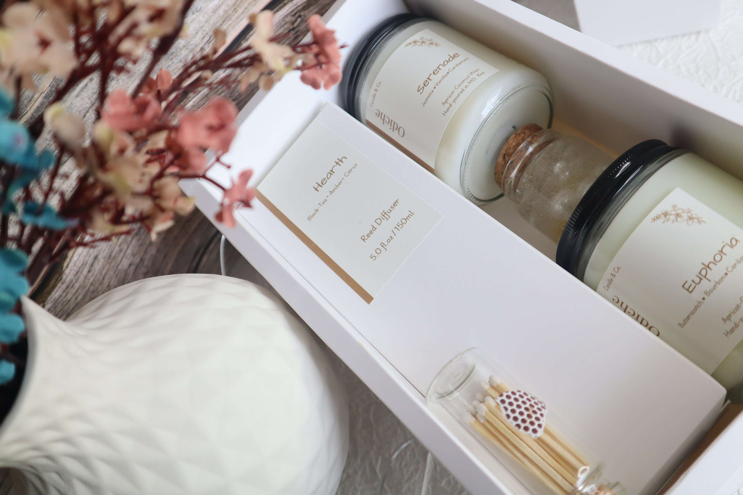 Signature Élan Mother's Day Gift Set with hand-poured luxury scented candles and reed diffuser in elegant packaging.