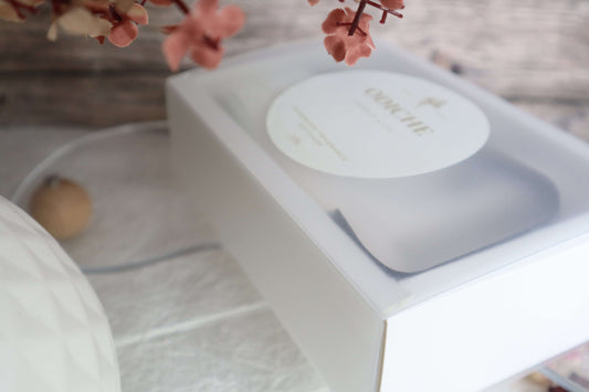 Elegant packaging of Bloom Box, a luxurious self-care gift set featuring a car diffuser and soy candles.