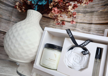 Mini Luxe Mother's Day gift set with hand-poured soy candle, elegant decor, and fragrance diffuser.