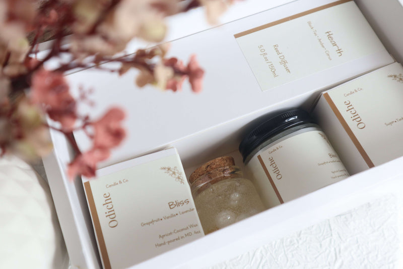 Bloom Box Mother’s Day gift set with hand-poured soy candles and decorative gel candle.